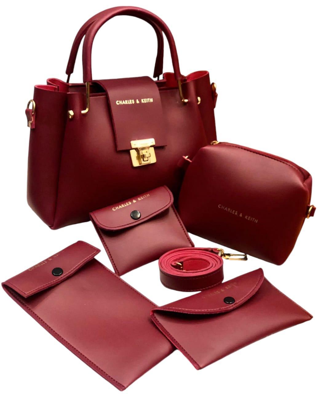 5 Pcs Women's PU Leather Plain Hand Bag Set